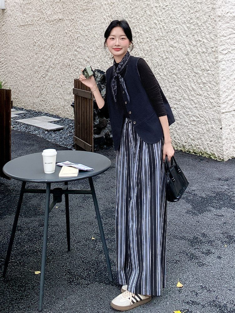 韩系通勤风马甲套装女2025秋新款时尚气质高级感条纹阔腿裤两件套,女装运动套装,浙宝285（原212）