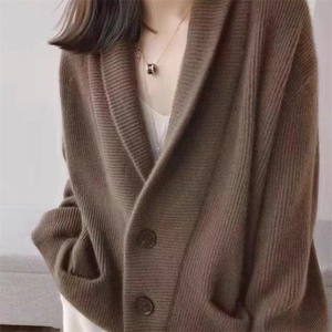 设计款小众慵懒风针织开衫女秋冬翻领宽松毛衣外套羊毛上衣图片