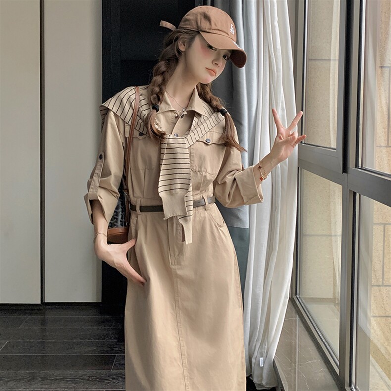 《新款新品》长袖收腰显瘦条纹披肩配腰带衬衣领休闲连衣裙,女装连衣裙,唛多