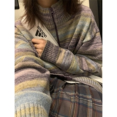 彩虹条纹拉链毛衣开衫男款秋冬季美式复古撞色渐变立领针织衫外套，男装针织衫/毛衣，星座908-1