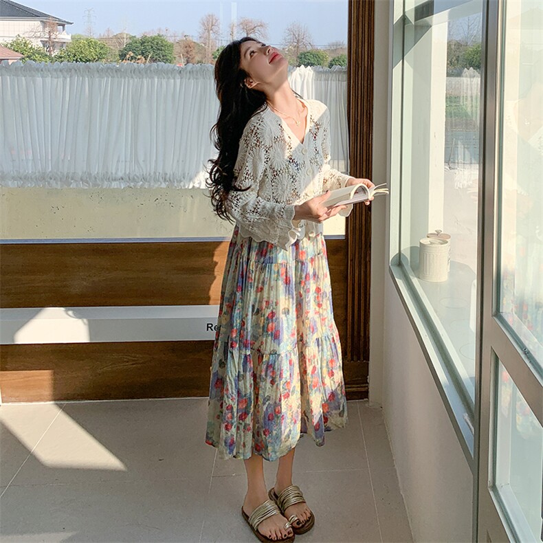 镂空罩衫碎花吊带连衣裙女夏2025新款清纯系松弛感穿搭长裙,女装连衣裙,2C177