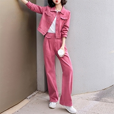 粉色欧货时尚牛仔套装女夏季高级感宽松潮流短外套直筒裤两件套潮，女装套装/套裙，美拉德工厂直营店
