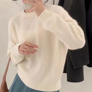 时尚百搭宽松圆领马鞍肩羊毛衫女秋冬新款韩版简约气质长袖毛衣图片
