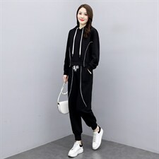 2021春季新款时尚休闲舒适腰部系带修身显瘦气质连帽两件套，女装套装/套裙，魅影