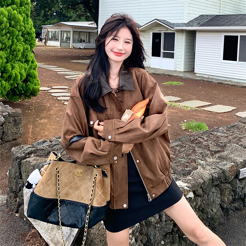 美拉德棕色麂皮绒短外套女2025秋季美式复古炸街pu皮翻领宽松夹克,女装短外套,2C025