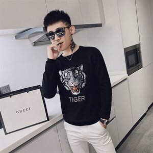 春款社会小伙亮片烫画欧货圆领毛衣修身针织打底衫 YK205-P65控85图片