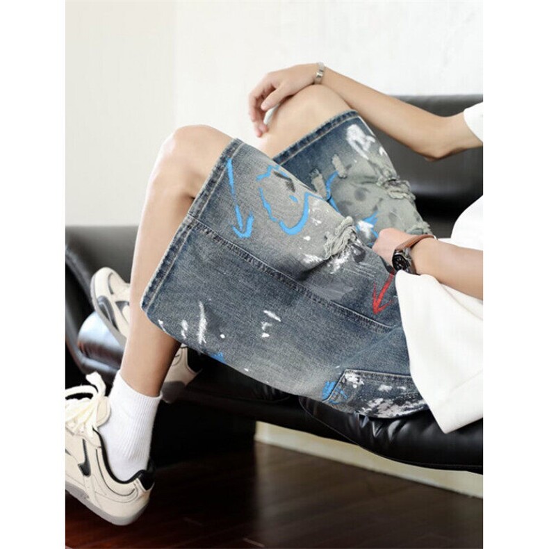 夏季新款潮流涂鸦印花破洞牛仔短裤男款五分裤休闲中裤DB66，男装牛仔裤，星座1116A（原606A-3）