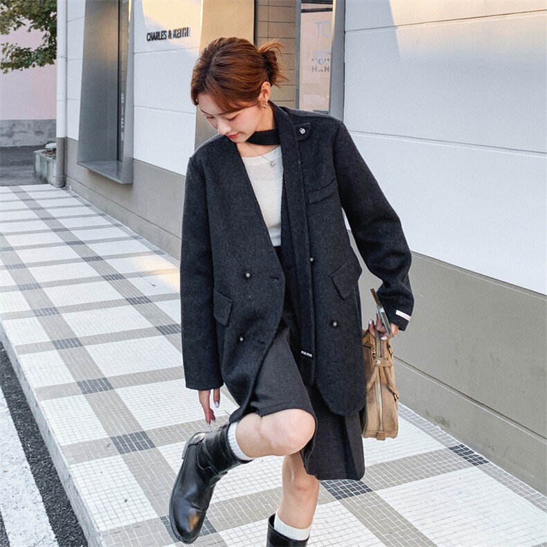 韩系黑色收腰双面呢羊毛西装外套女秋冬2025新款气质高级感大衣图片
