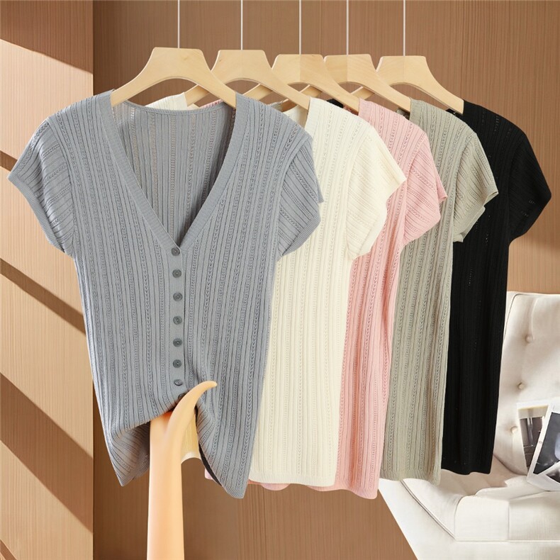 针织短袖t恤女2025新款夏季薄款宽松显瘦打底上衣小衫，女装T恤，众美斯特