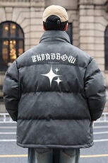 港风冬季新款棉衣男印花宽松PU皮立领面包服大码外套男MY625-P128，男装棉衣，星座505-3