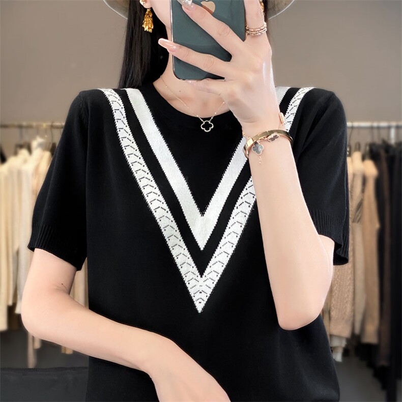 时尚V领拼色短袖冰丝针织衫显瘦百搭夏季新款女装上衣,针织衫/毛衣,萱芳婷羊绒