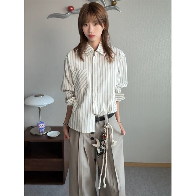 美式潮牌高街复古泡泡纱竖条纹日系肌理长袖衬衫男女休闲宽松衬衣，男装衬衫，电商A443