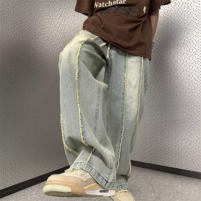 GH6861-P45复古牛仔裤男毛边高街vibe美式潮牌春秋阔腿休闲裤子,男装牛仔裤,电商C233