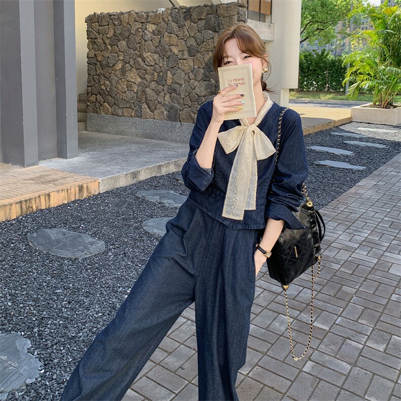 复古牛仔套装女春季新款小香风一整套穿搭韩系流行阔腿裤两件套图片
