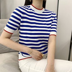 纯棉线条纹短袖T恤衫女圆领套头时尚宽松半袖背心短款针织上衣夏，女装针织衫/毛衣，玛莎羊绒