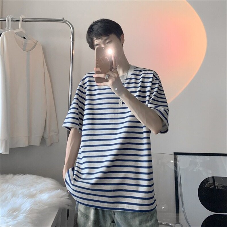 DA169-P40条纹t恤短袖男夏季宽松休闲半袖上衣高街潮牌五分袖体恤,男装T恤,星座603-2