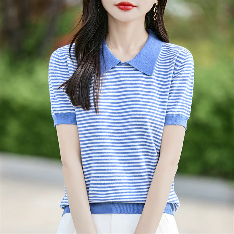 条纹短袖t恤女装2025夏季新款洋气小个子气质上衣羊毛针织衫百搭图片