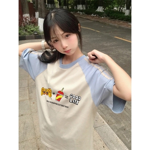 抖音得物品质二开240克宽松纯棉美式潮牌插肩三杠织带短袖T恤图片
