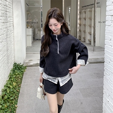 【现货】蕾丝拼接假两件上衣+短裤套装2D148-2614-P185-K275，女装套装/套裙，2D148
