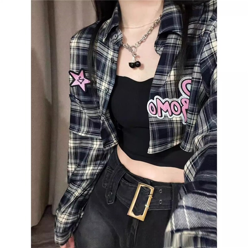 GeGeSleepy甜辣复古格子衬衫女刺绣字母藏蓝色早秋短款衬衣外套,男装衬衫,星座506A
