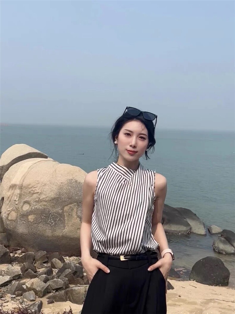 雪纺条纹无袖衫带衫,女装T恤,米咔羊绒