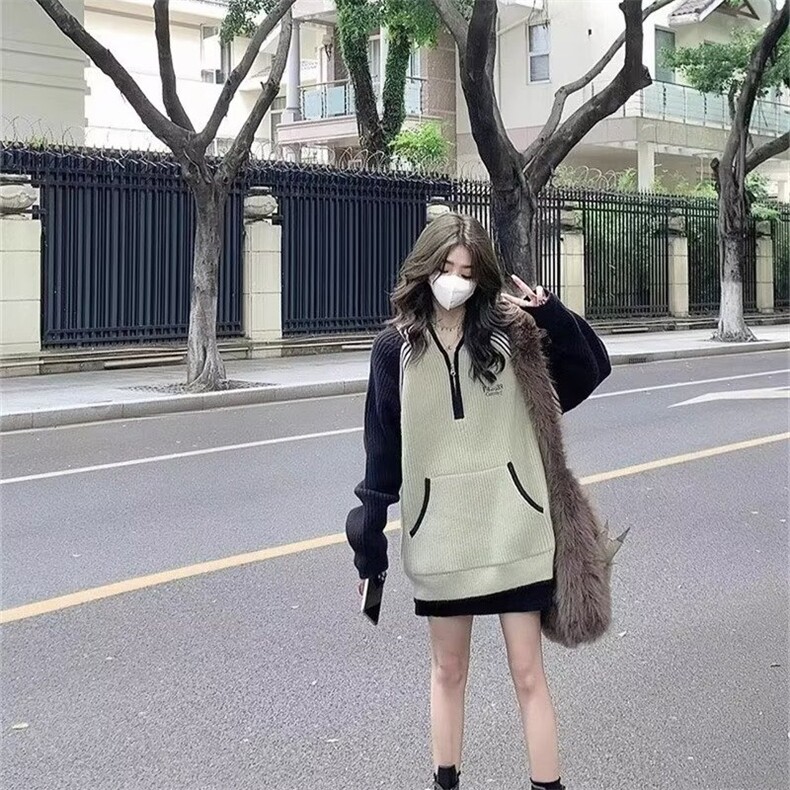 拼色毛衣秋冬季美式复古百搭宽松半开拉链针织衫卫衣外套SWJ778,男装针织衫/毛衣,星座516A