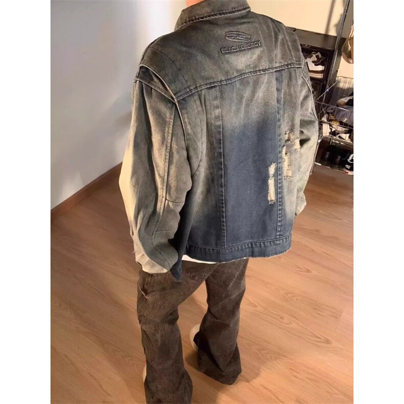 美式复古水洗做旧立领重磅牛仔外套男女春季街头宽松休闲夹克潮流,男装工装外套,四季星座505