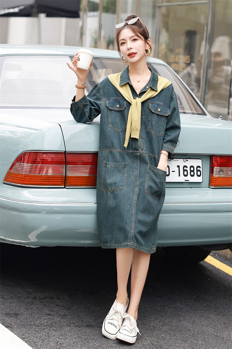 春季新款牛仔连衣裙女宽松显瘦长袖A字裙时尚百搭气质淑女风,女装连衣裙,秋水欣儿