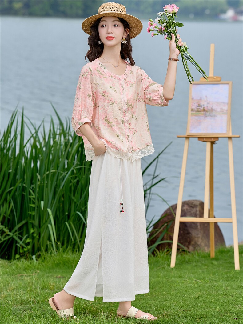 2026年夏季时尚优雅印花小衫阔腿裤套装两件套女,女装套装/套裙,依路服饰