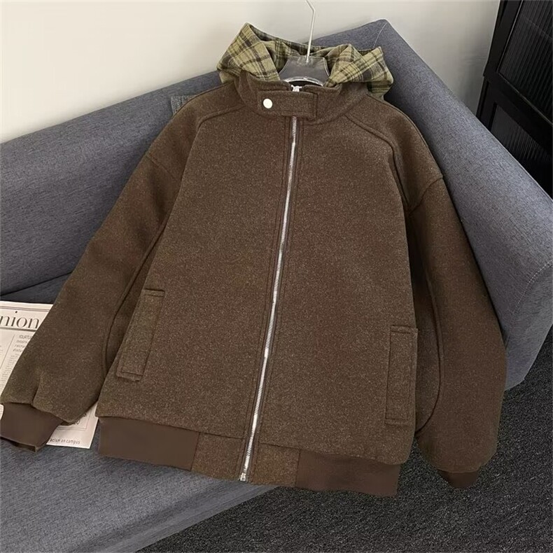 加绒加厚冬款男连帽棉衣毛呢条纹格子夹棉棉袄卫衣外套MA6P95,男装棉衣,星座1013-1