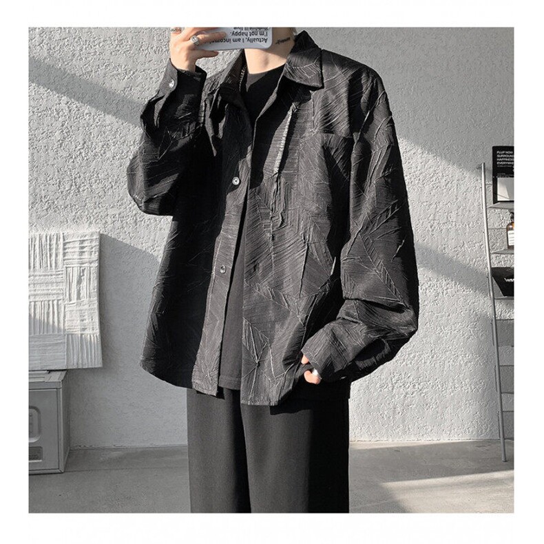 8XL-M 小众解构肌理感裂纹垫肩花衬衫男高级感宽松衬衣男图片