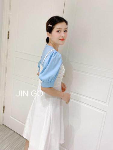 拼接连衣裙：假两件简单精致，泡泡袖遮手臂，女装连衣裙，JIN GO