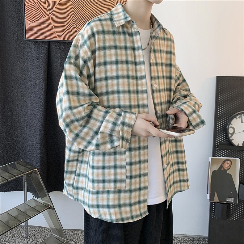 21秋装新款港风格子长袖衬衫男女情侣宽松外套日系ins潮H211/P45，男装衬衫，钱塘713