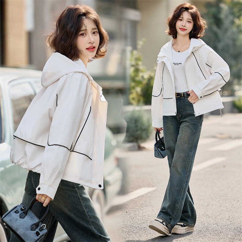 时尚拼色宽松连帽外套女短款2025春秋新款休闲百搭减龄上衣夹克潮,女装短外套,悦祺
