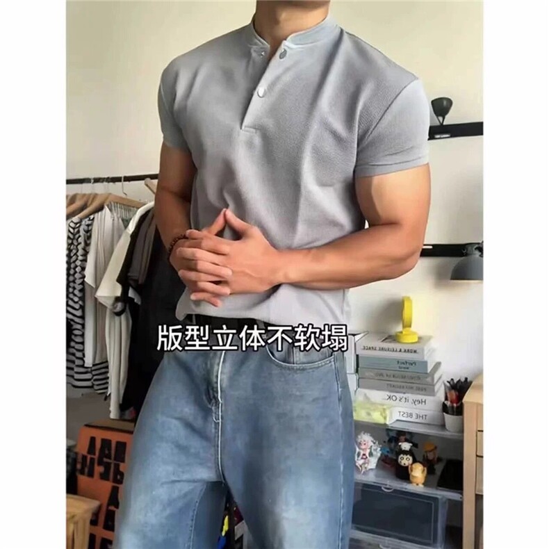 黑色亨利领健身短袖男夏季华夫格正肩t恤显肌肉美式polo衫训练服,男装T恤,星座809A(原222-1)