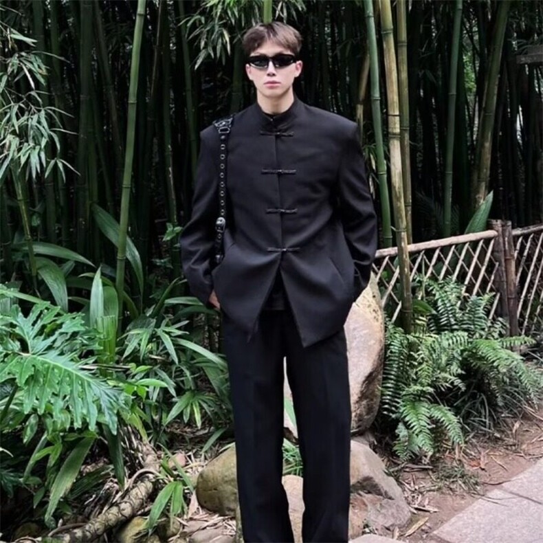 W9259-P58 网图现货 春季新款新中式垫肩西服外套中山风立领西装图片