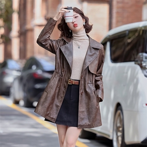 韩城.复古西装pu皮衣皮风衣中长外套女抽绳双排扣2025春盐系洋气s图片
