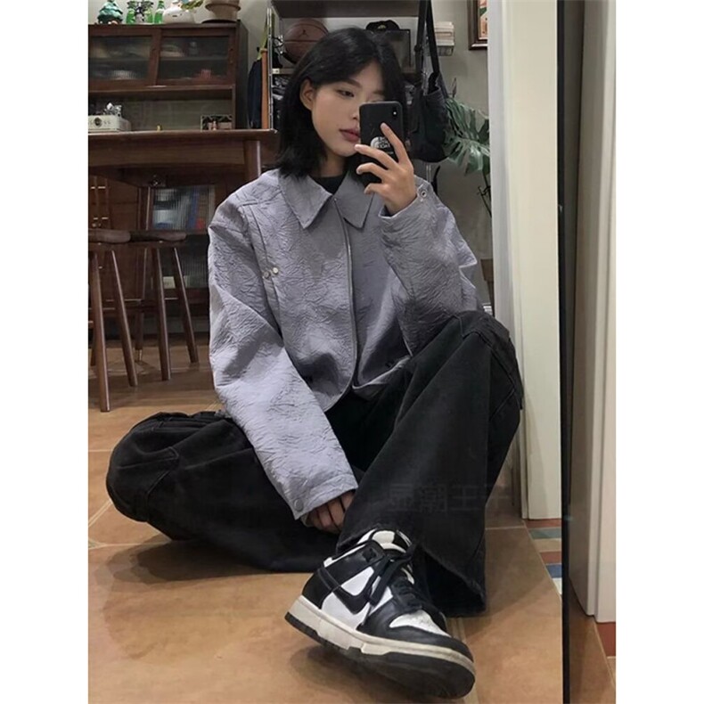 美式复古铆钉褶皱夹克女秋冬休闲帅气潮牌短款翻领外套,男装夹克,星座506A