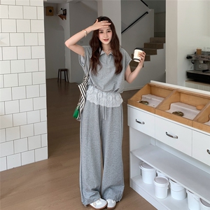 灰色休闲蕾丝拼接卫衣套装女夏季新款超火一整套减龄阔腿裤两件套图片