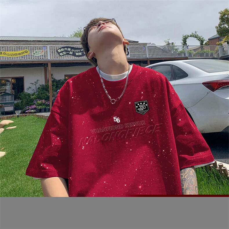 量大优供抖音视频支持得物配合二开美式满天星亮片短袖T恤MTX377,男装T恤,电商A486