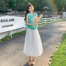 法式温柔风背心半身裙套装女夏2025新款小个子两件套大方得体穿搭，女装套装/套裙，2D044