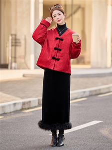 2026年冬季新款白鸭绒羽绒服高档真狐狸毛大毛领红色复古提花面料图片