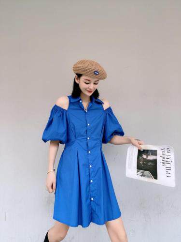 韩版漏肩泡泡袖连衣裙，女装连衣裙，玩美