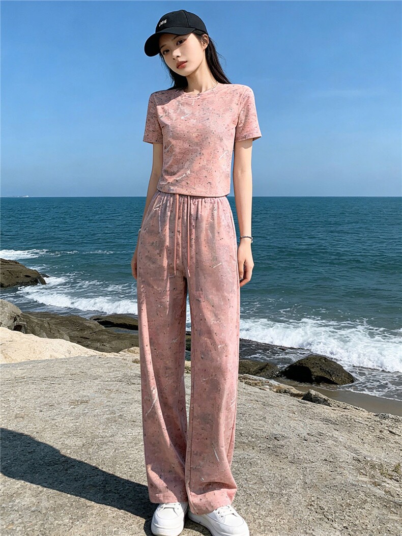 潮牌时尚休闲运动套装女夏季新款粉色扎染圆领短袖上衣长裤两件套,女装套装/套裙,江南