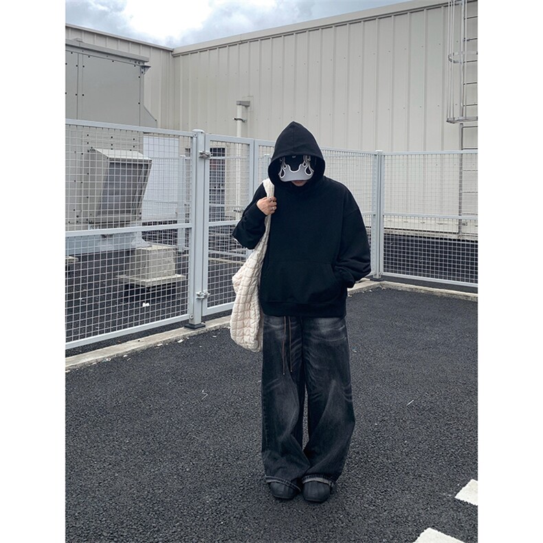 灰色cleanfit男生短款卫衣美式重磅连帽大帽衫廓形外套潮WY004P48图片