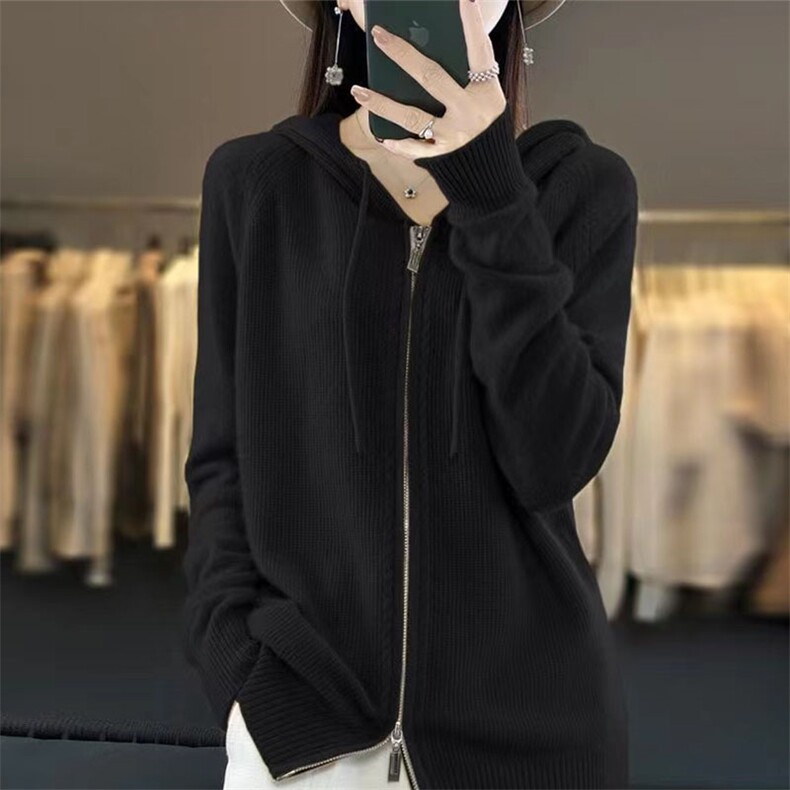 双拉链休闲连帽100纯羊毛开衫女宽松外套春秋绿色针织衫羊绒帽衫图片