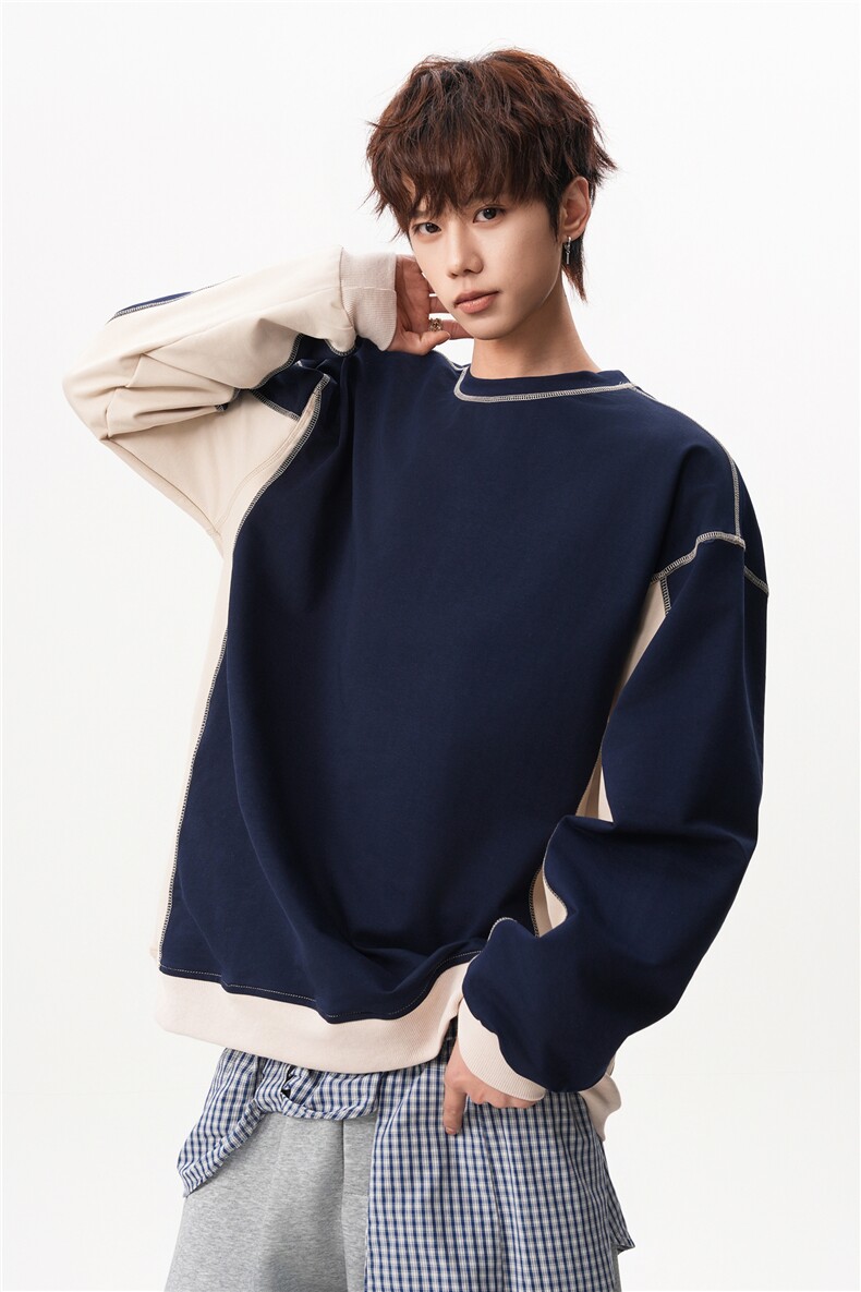 6XL-M美式拼接撞色圆领卫衣男痞帅套头上衣外套WY48-P60380g,女装短外套,电商D206-1