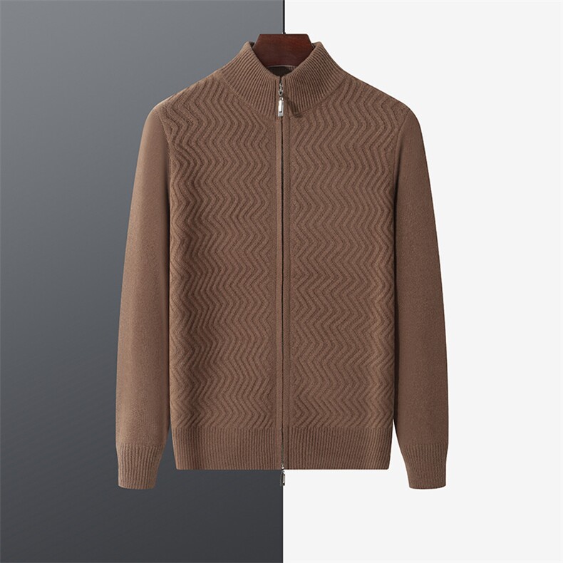 时尚男士秋冬新款百搭波浪纹拉链羊毛开衫经典高领设计舒适保暖，男装羊毛衫，江杉羊绒