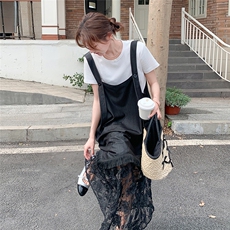 休闲T恤蕾丝拼接背带连衣裙女夏2025新款甜美显瘦两件套爆款长裙，女装连衣裙，浙宝208