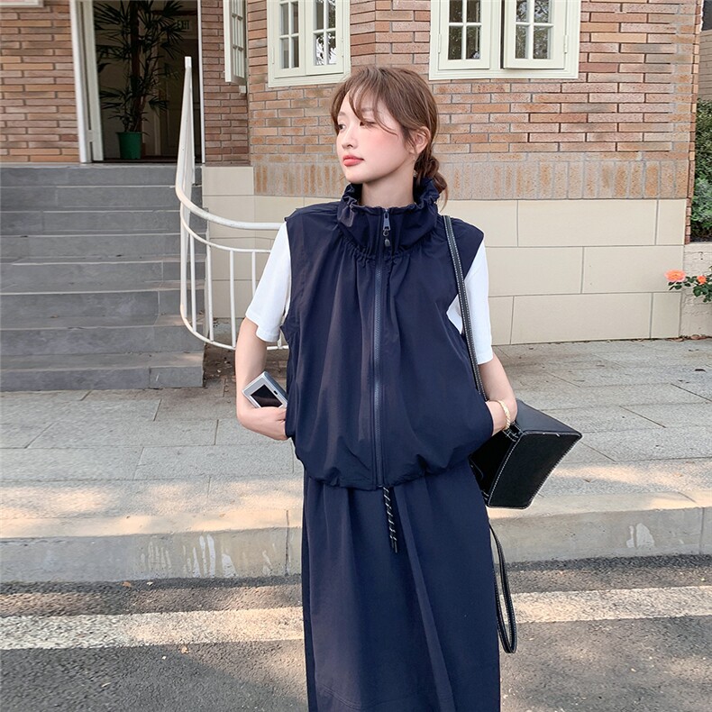 藏青色工装休闲套装裙女2025夏季新款韩系慵懒风马甲半身裙两件套,女装套装/套裙,2C316